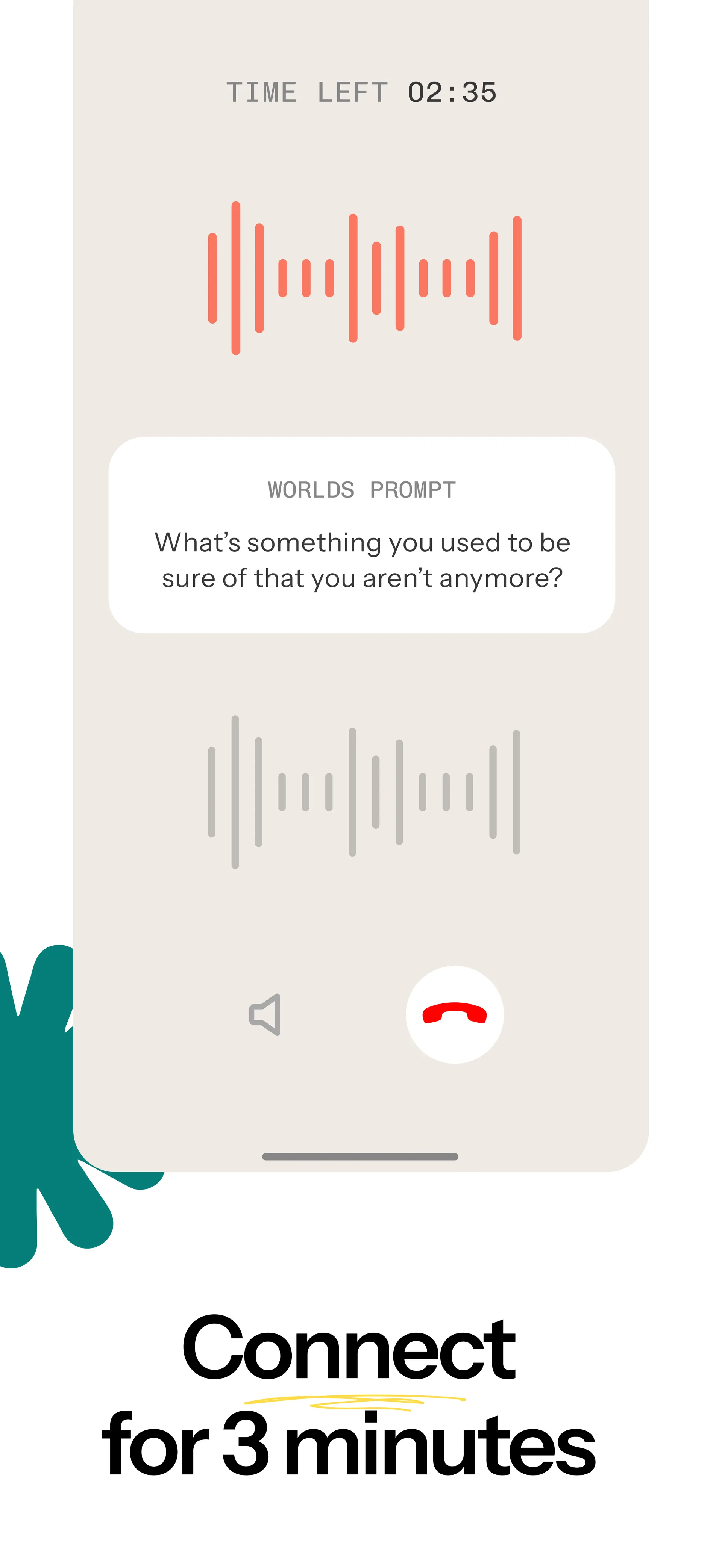 Connect for 3 minutes. Worlds voice-call artwork with a conversation prompt and two audio waveforms